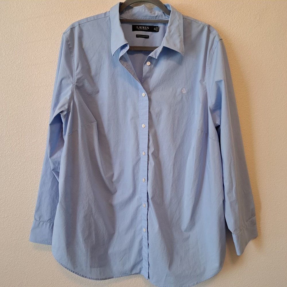 Lauren Ralph Lauren Womens 2X Blue Stretch Non Iron Button Down Shirt LRL Logo